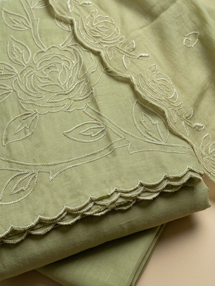Pista Green Embroidery Chanderi Unstitched Dress Material