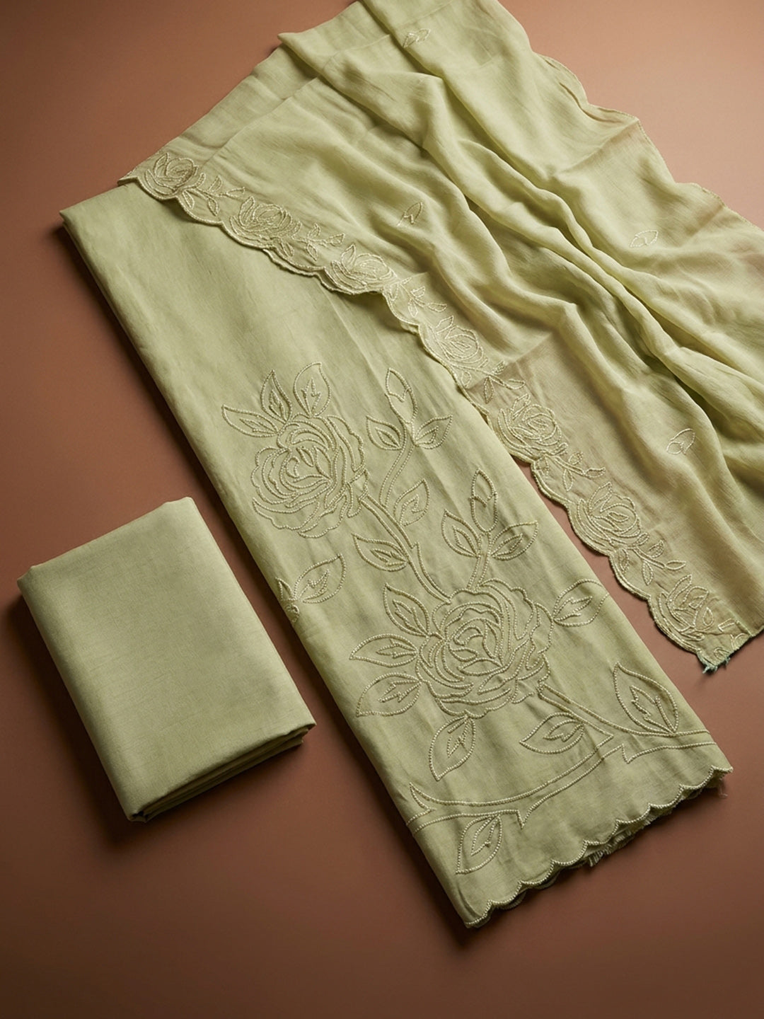 Pista Green Embroidery Chanderi Unstitched Dress Material