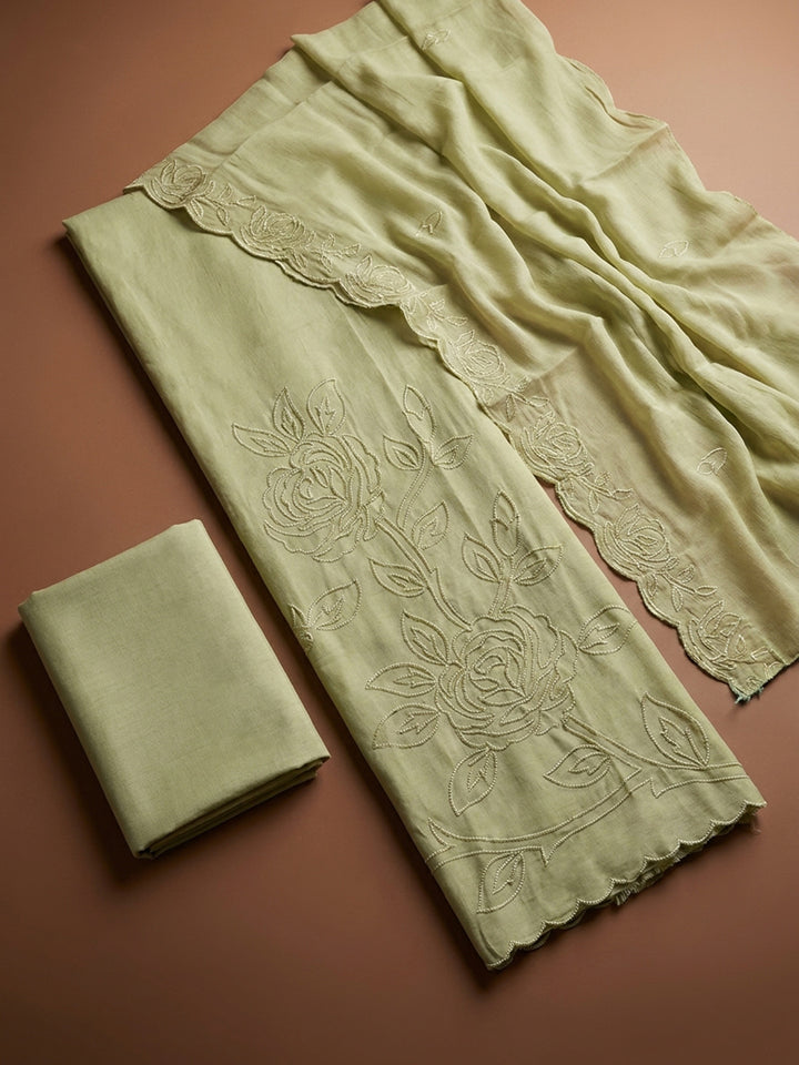 Pista Green Embroidery Chanderi Unstitched Dress Material