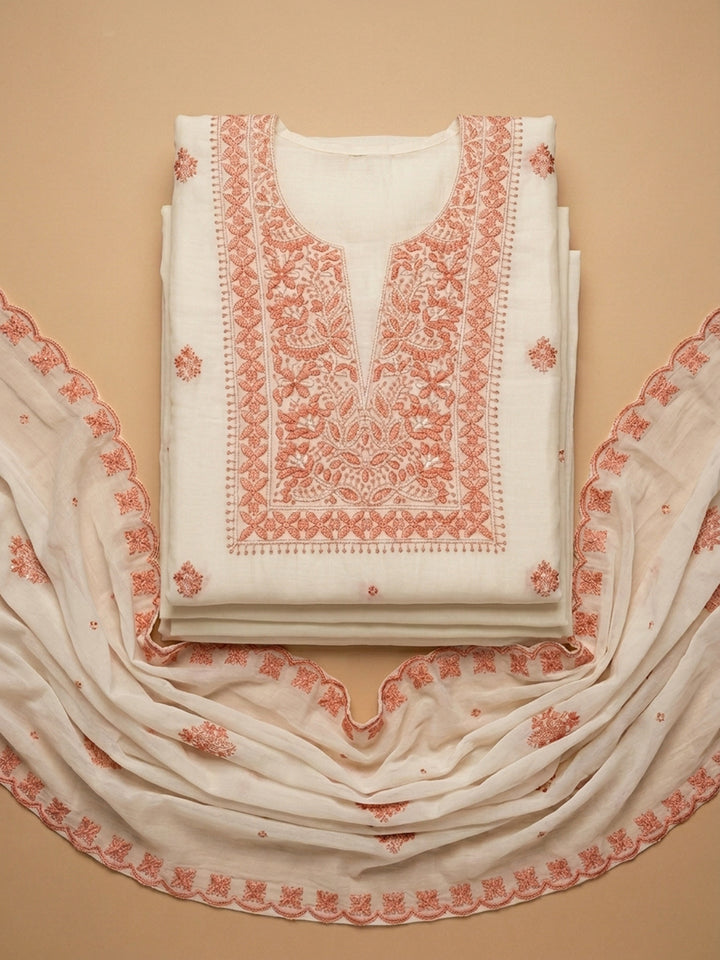 Peach Embroidery Chanderi Unstitched Dress Material