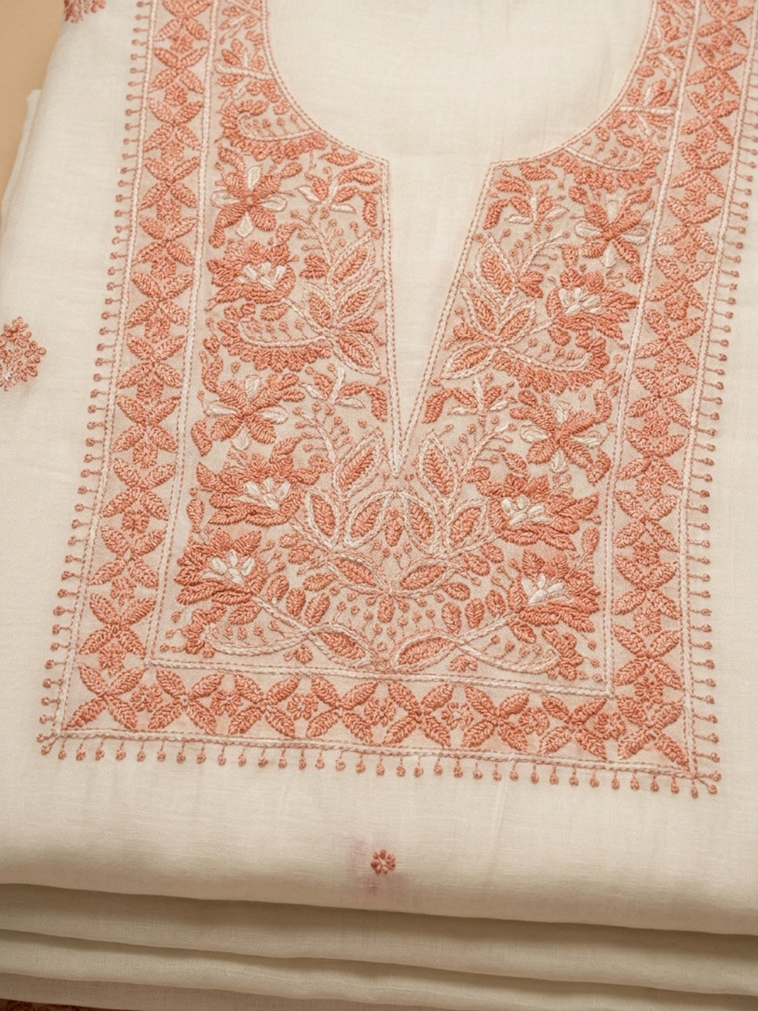 Peach Embroidery Chanderi Unstitched Dress Material