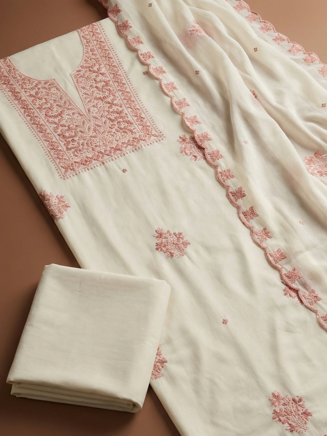 Peach Embroidery Chanderi Unstitched Dress Material