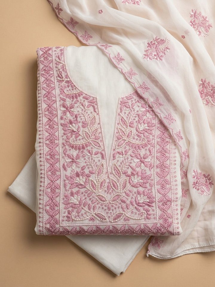 Pink Embroidery Chanderi Unstitched Dress Material