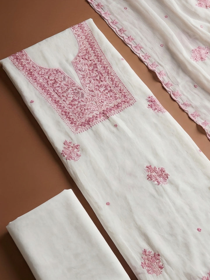 Pink Embroidery Chanderi Unstitched Dress Material
