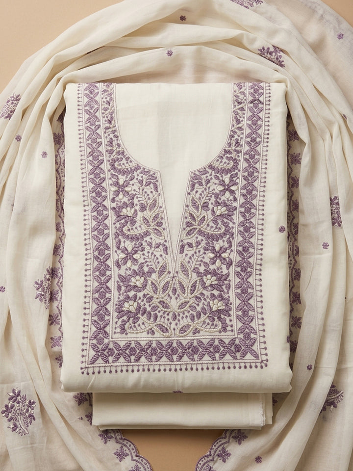 Purple Embroidery Chanderi Unstitched Dress Material