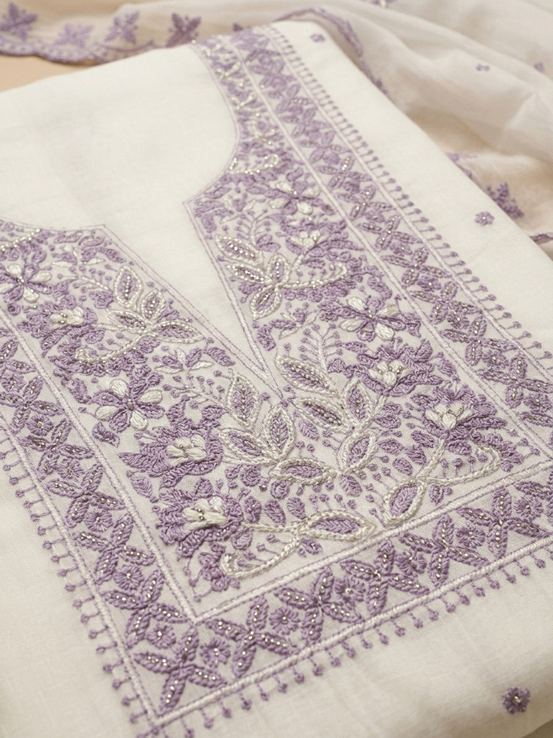 Purple Embroidery Chanderi Unstitched Dress Material