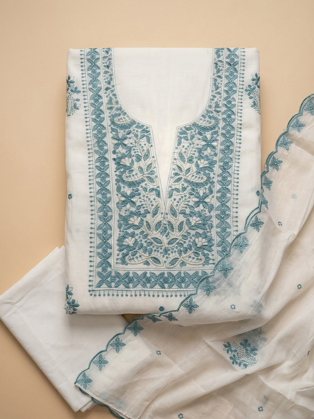 Sea Green Embroidery Chanderi Unstitched Dress Material