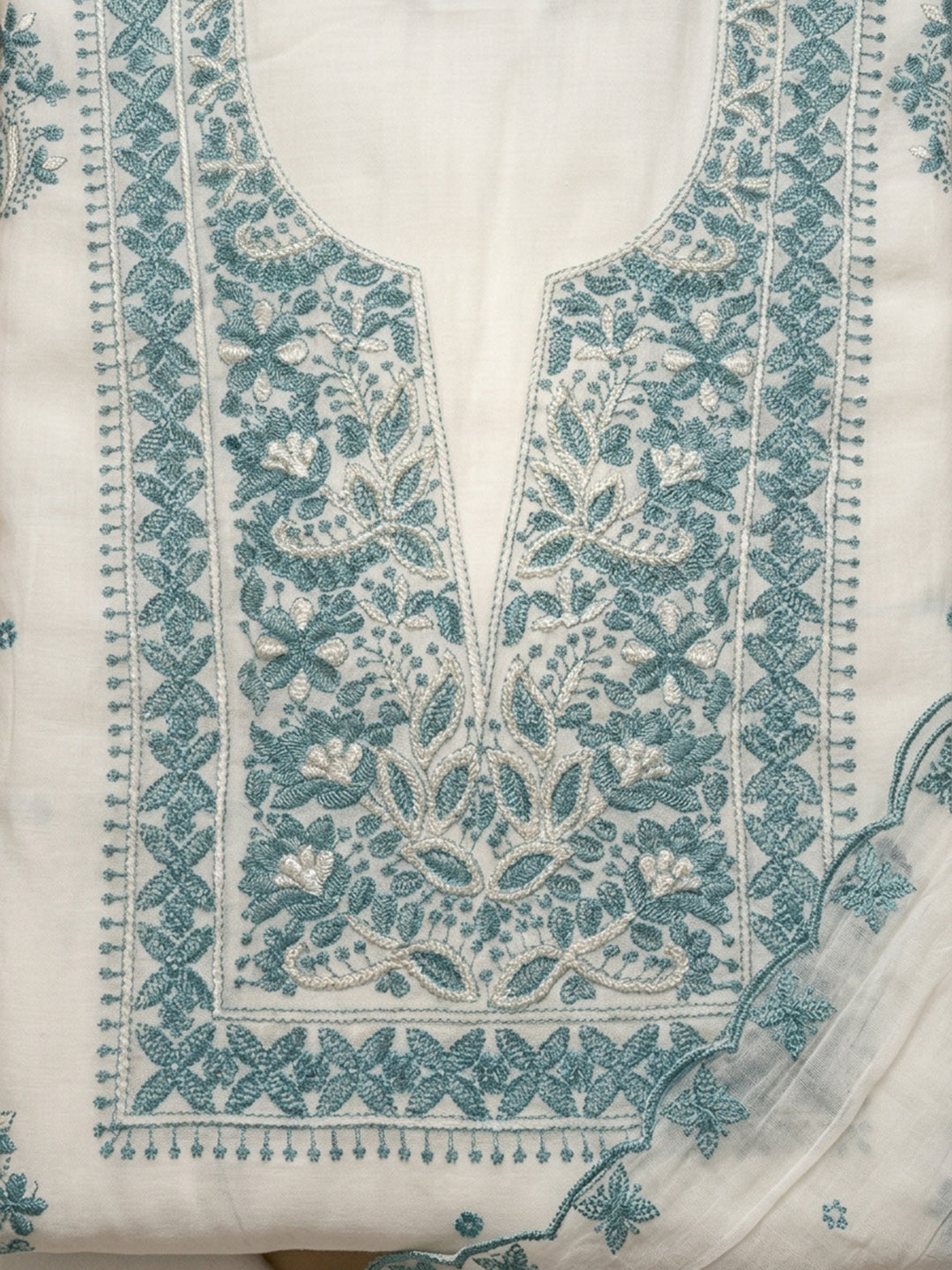 Sea Green Embroidery Chanderi Unstitched Dress Material
