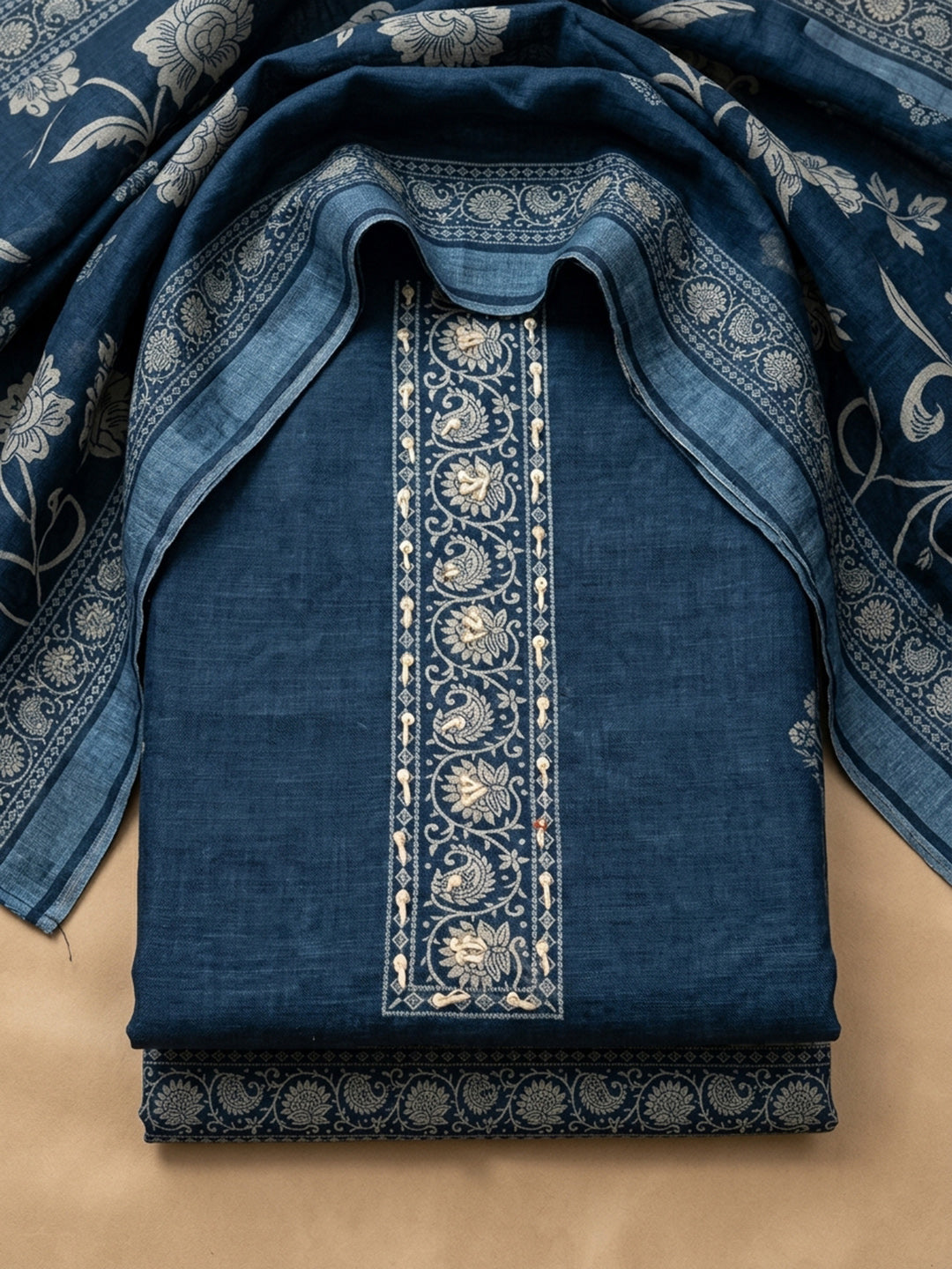 Indigo  Linen Blend Unstitched Dress Material