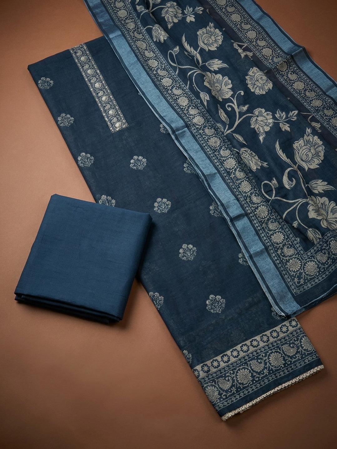 Indigo  Linen Blend Unstitched Dress Material
