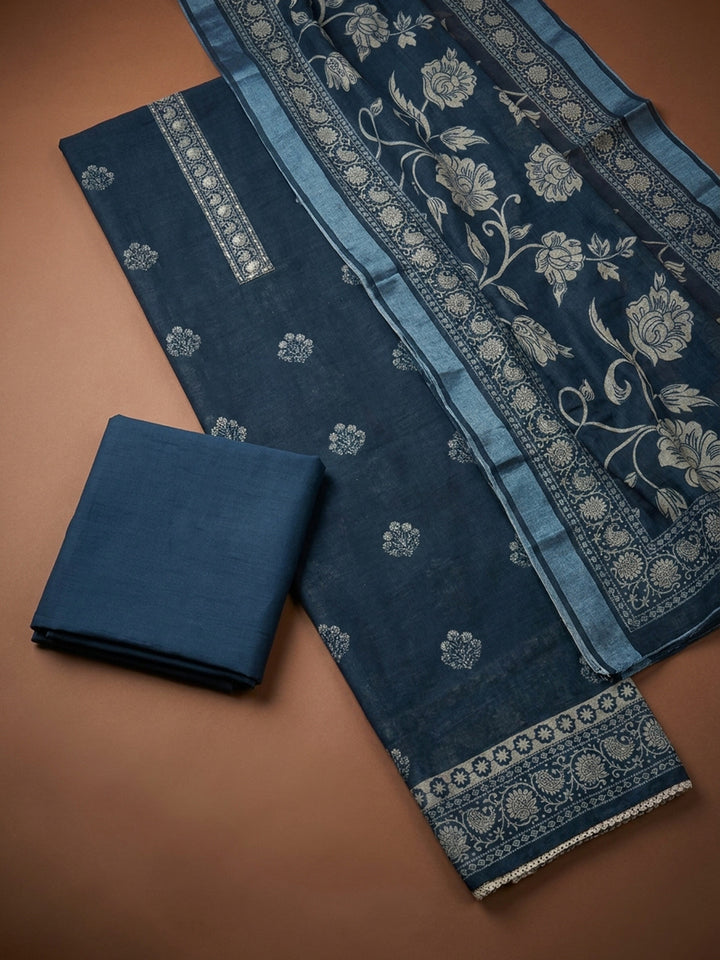 Indigo  Linen Blend Unstitched Dress Material