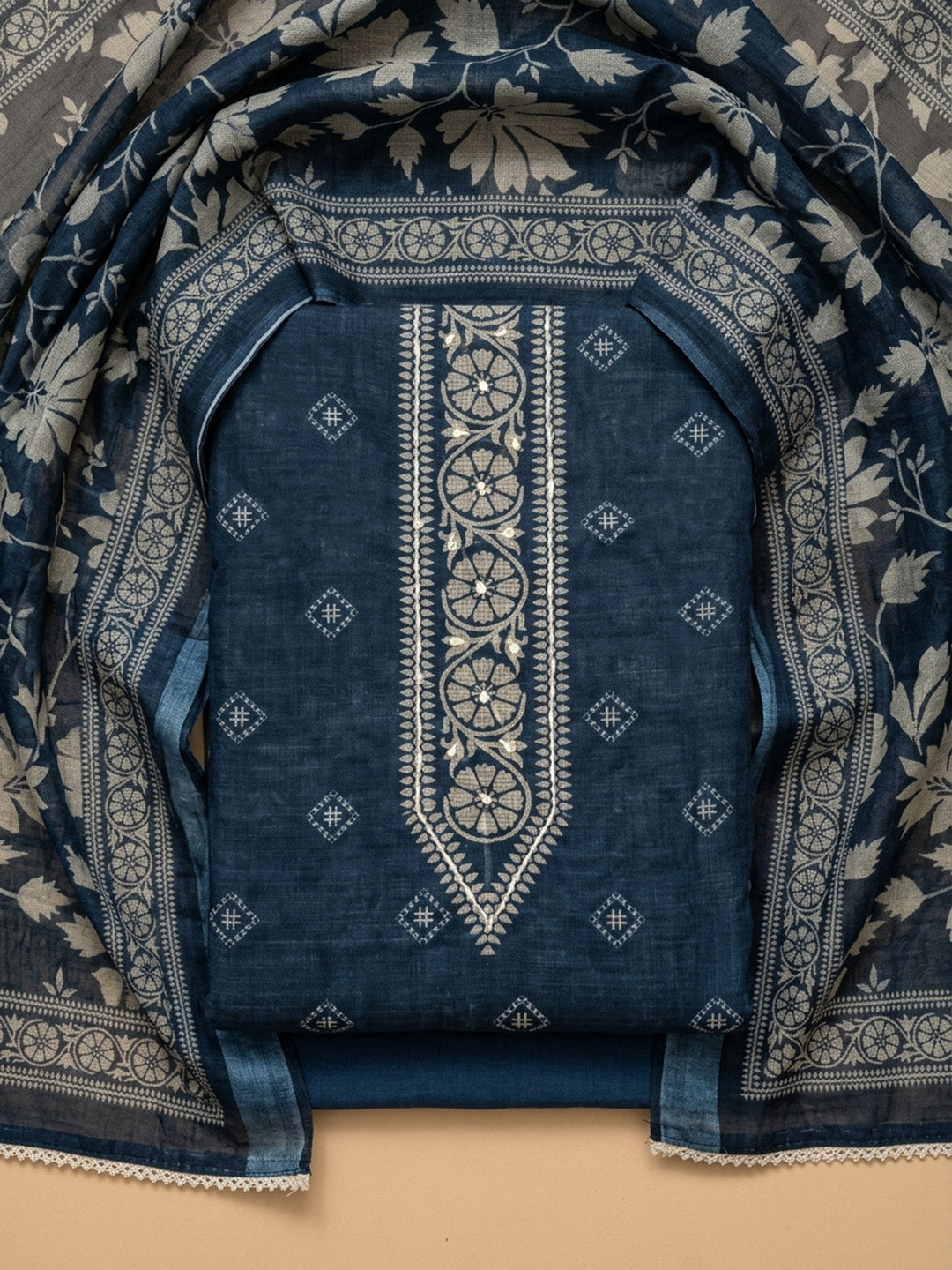 Indigo  Linen Blend Unstitched Dress Material