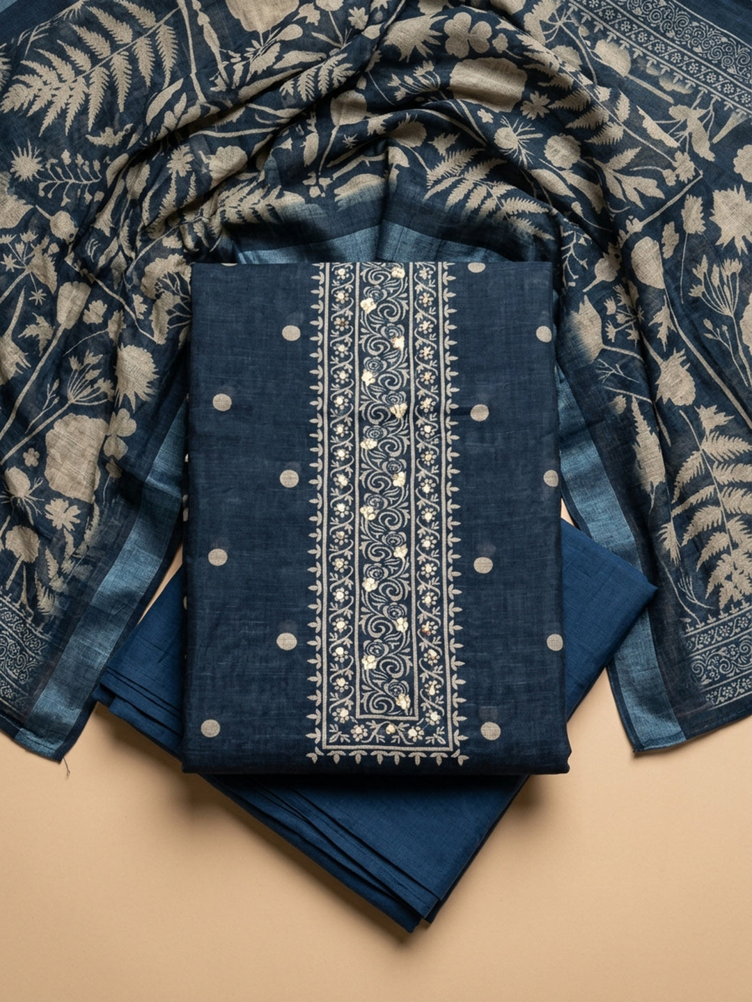 Indigo  Linen Blend Unstitched Dress Material