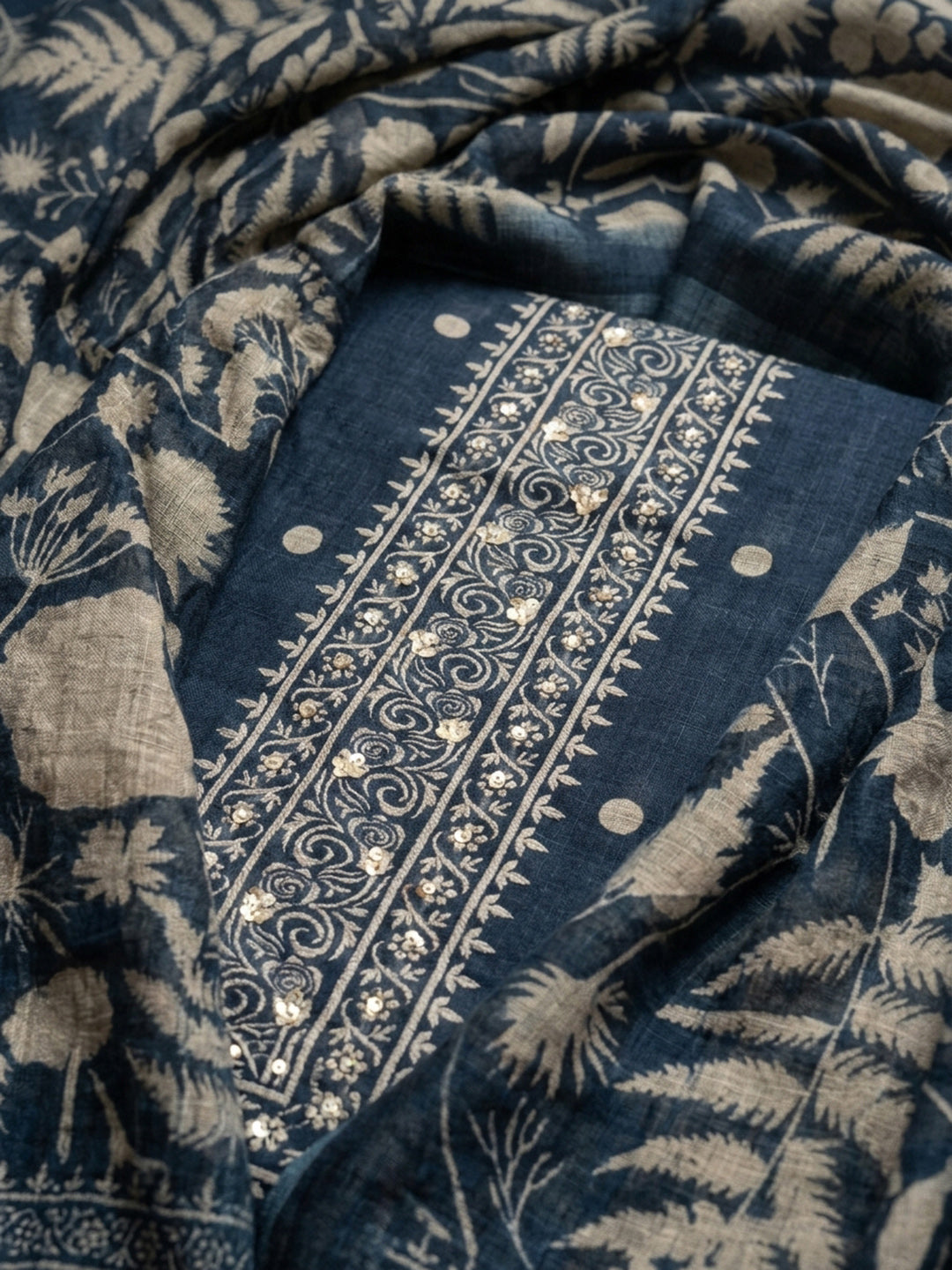 Indigo  Linen Blend Unstitched Dress Material