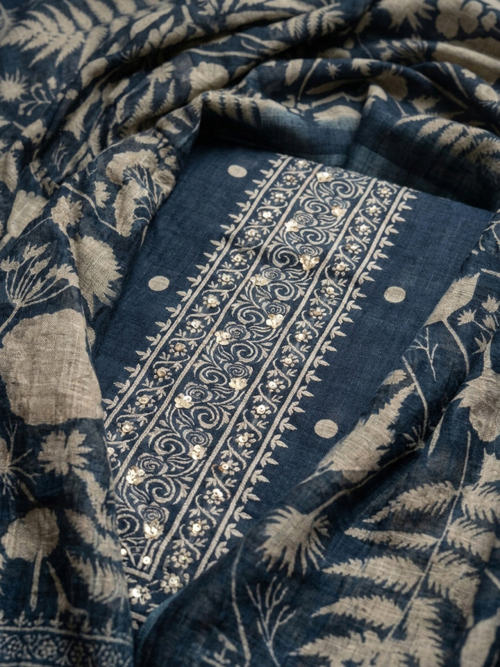 Indigo  Linen Blend Unstitched Dress Material