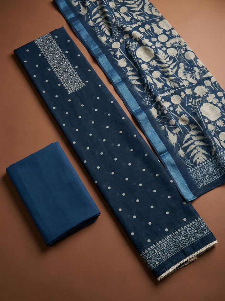 Indigo  Linen Blend Unstitched Dress Material