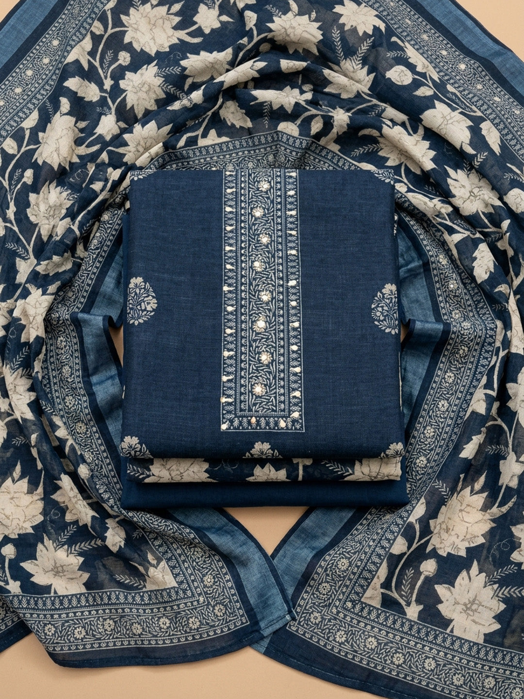 Indigo  Linen Blend Unstitched Dress Material