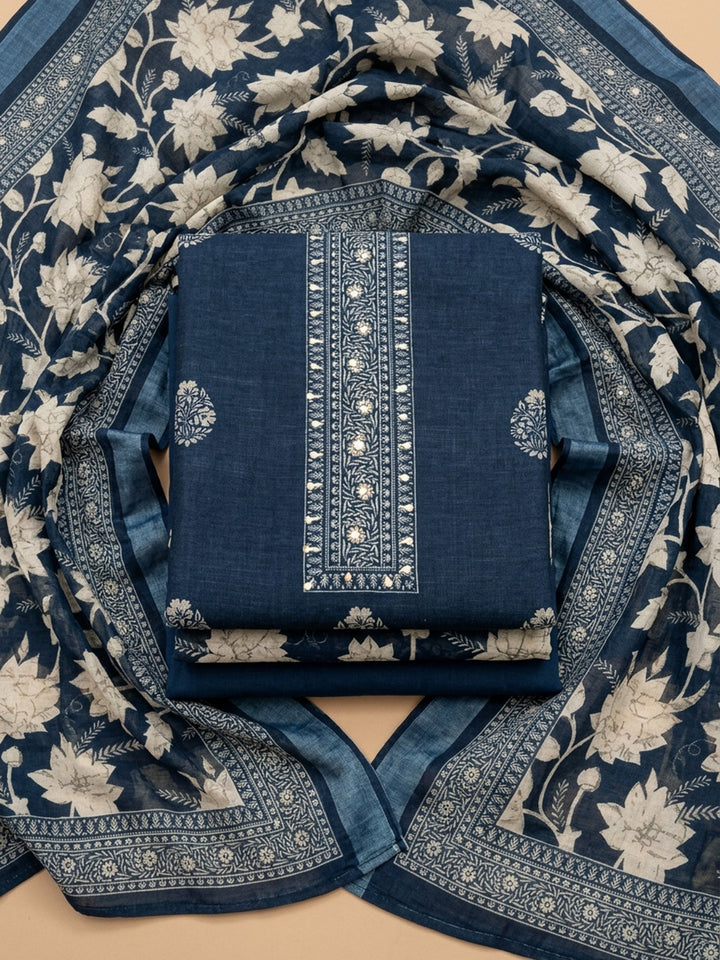 Indigo  Linen Blend Unstitched Dress Material