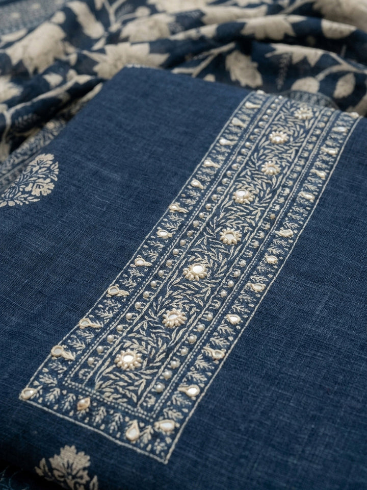 Indigo  Linen Blend Unstitched Dress Material
