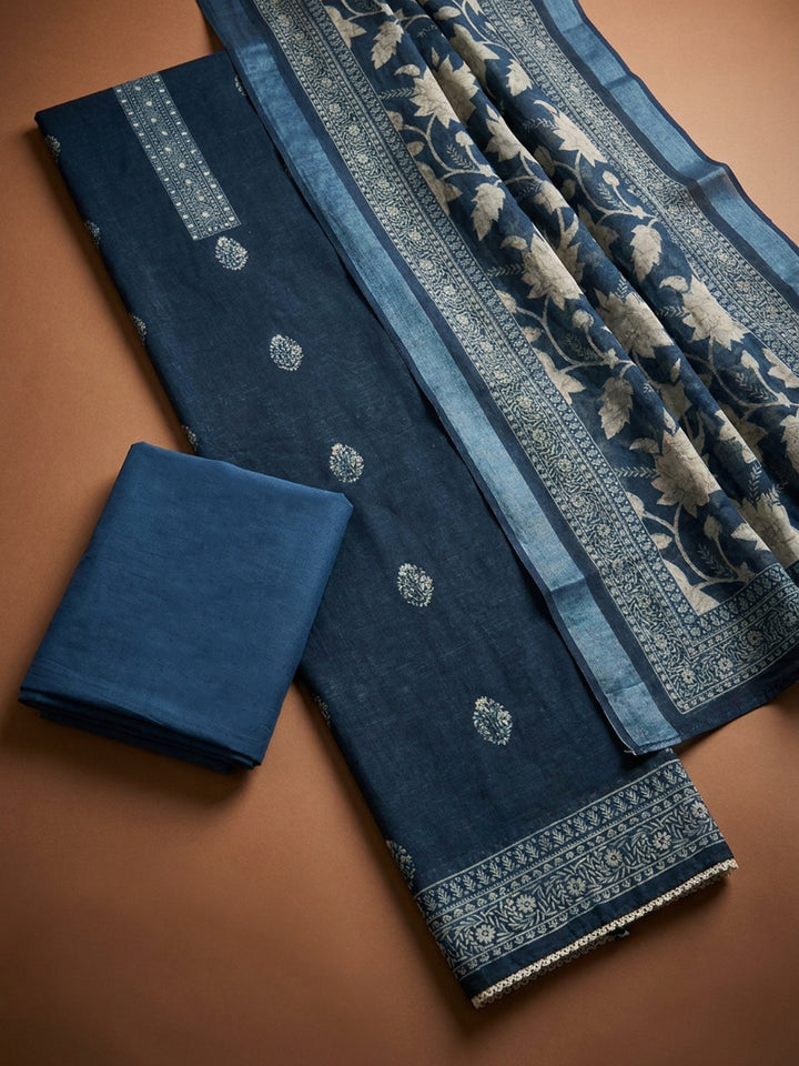 Indigo  Linen Blend Unstitched Dress Material