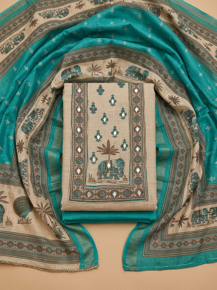 Green Printed Linen Unstitched Dress Material