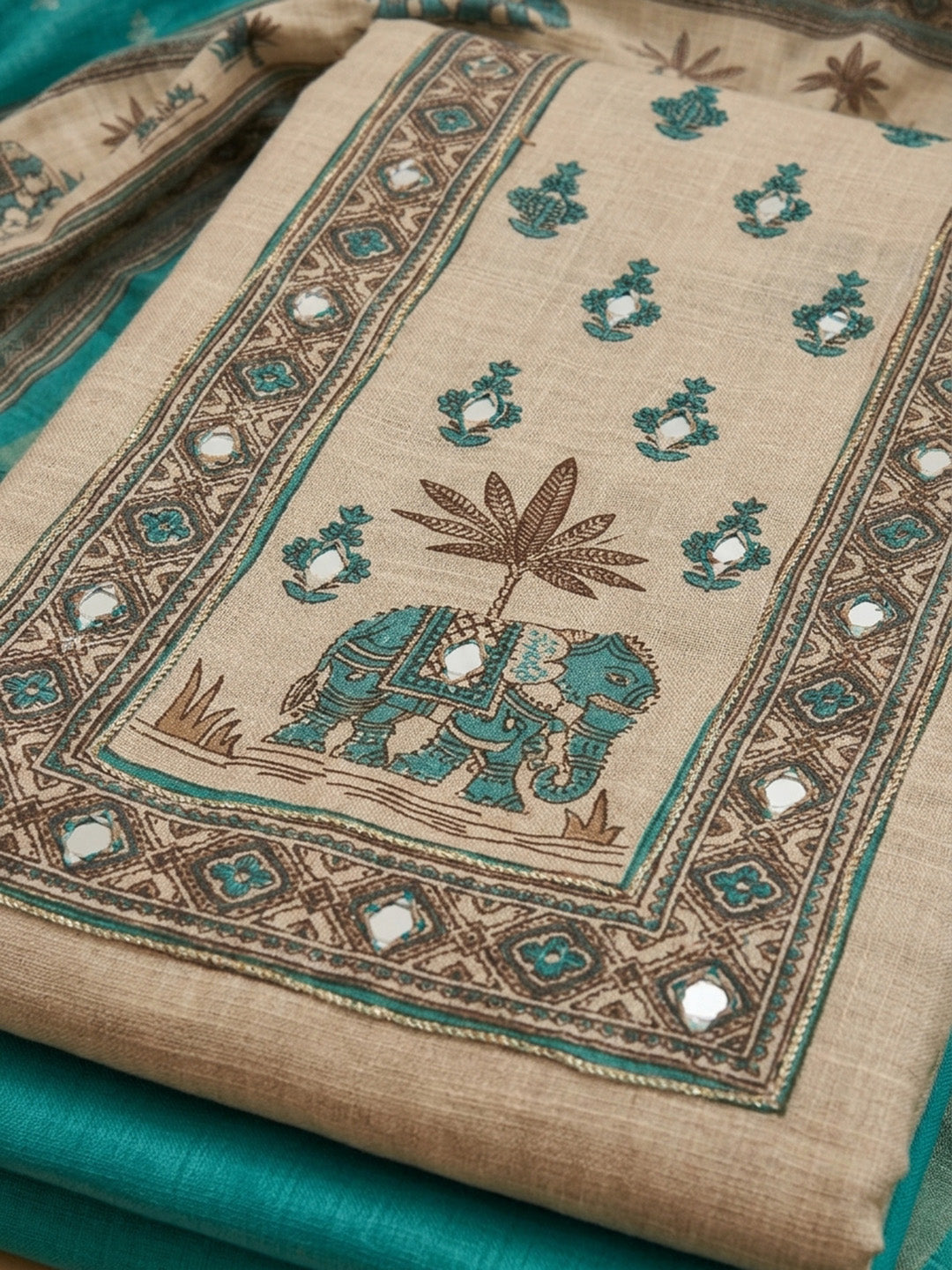 Green Printed Linen Unstitched Dress Material