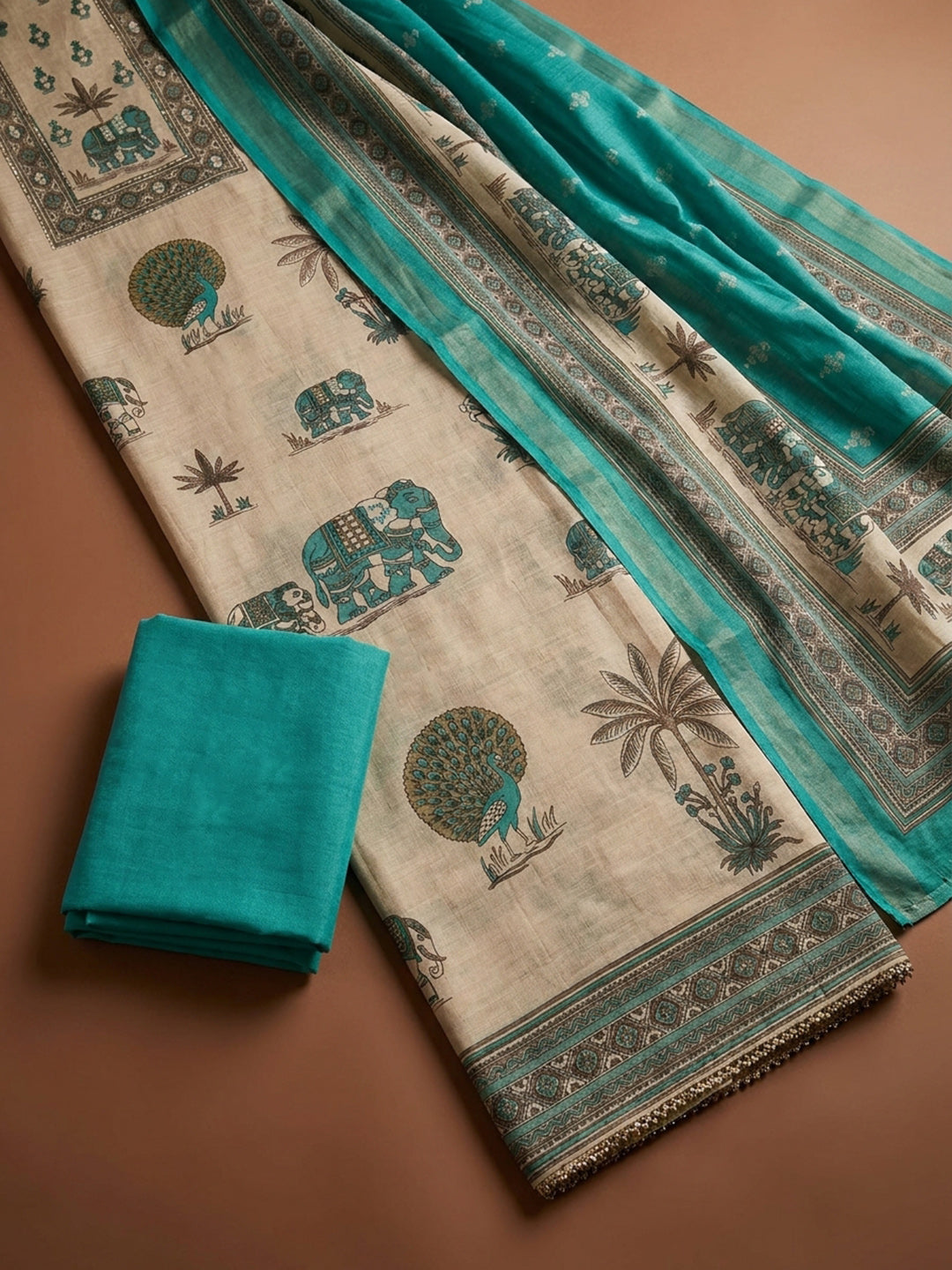 Green Printed Linen Unstitched Dress Material