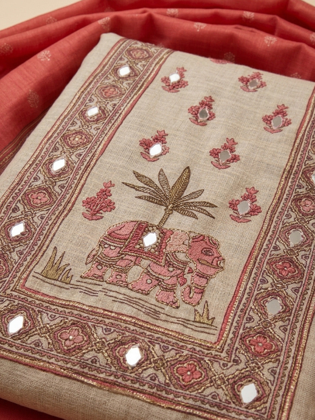 Peach Printed Linen Unstitched Dress Material