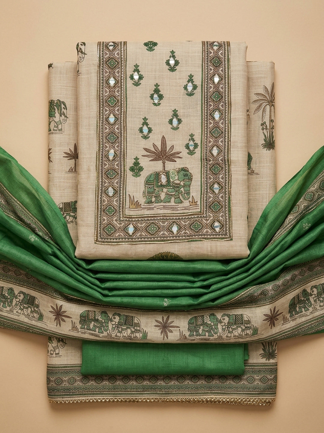 Rama Green Printed Linen Unstitched Dress Material