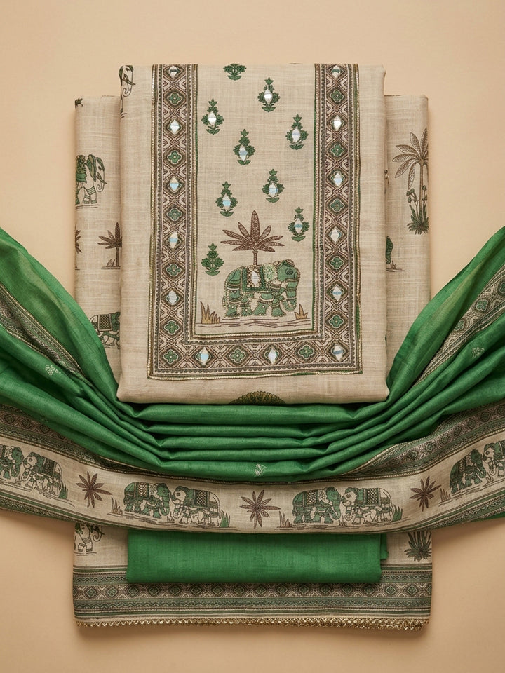 Rama Green Printed Linen Unstitched Dress Material