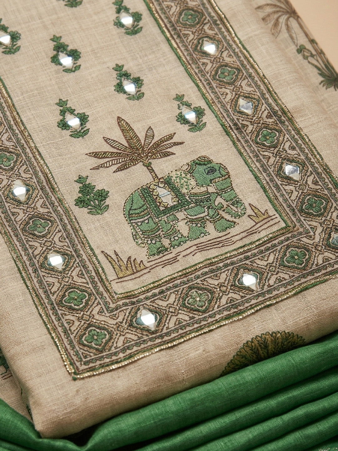 Rama Green Printed Linen Unstitched Dress Material