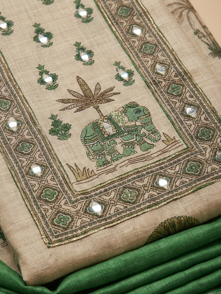 Rama Green Printed Linen Unstitched Dress Material