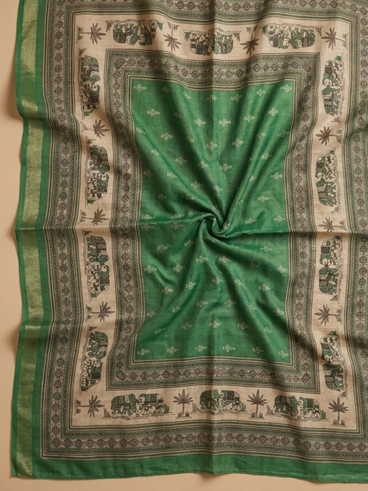 Rama Green Printed Linen Unstitched Dress Material