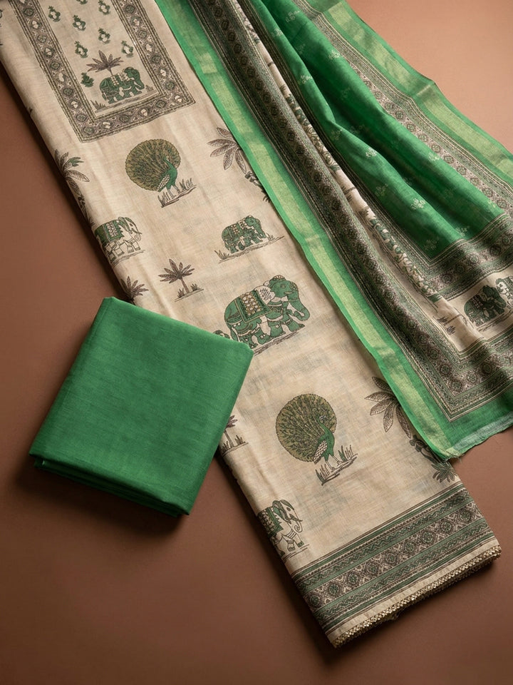 Rama Green Printed Linen Unstitched Dress Material