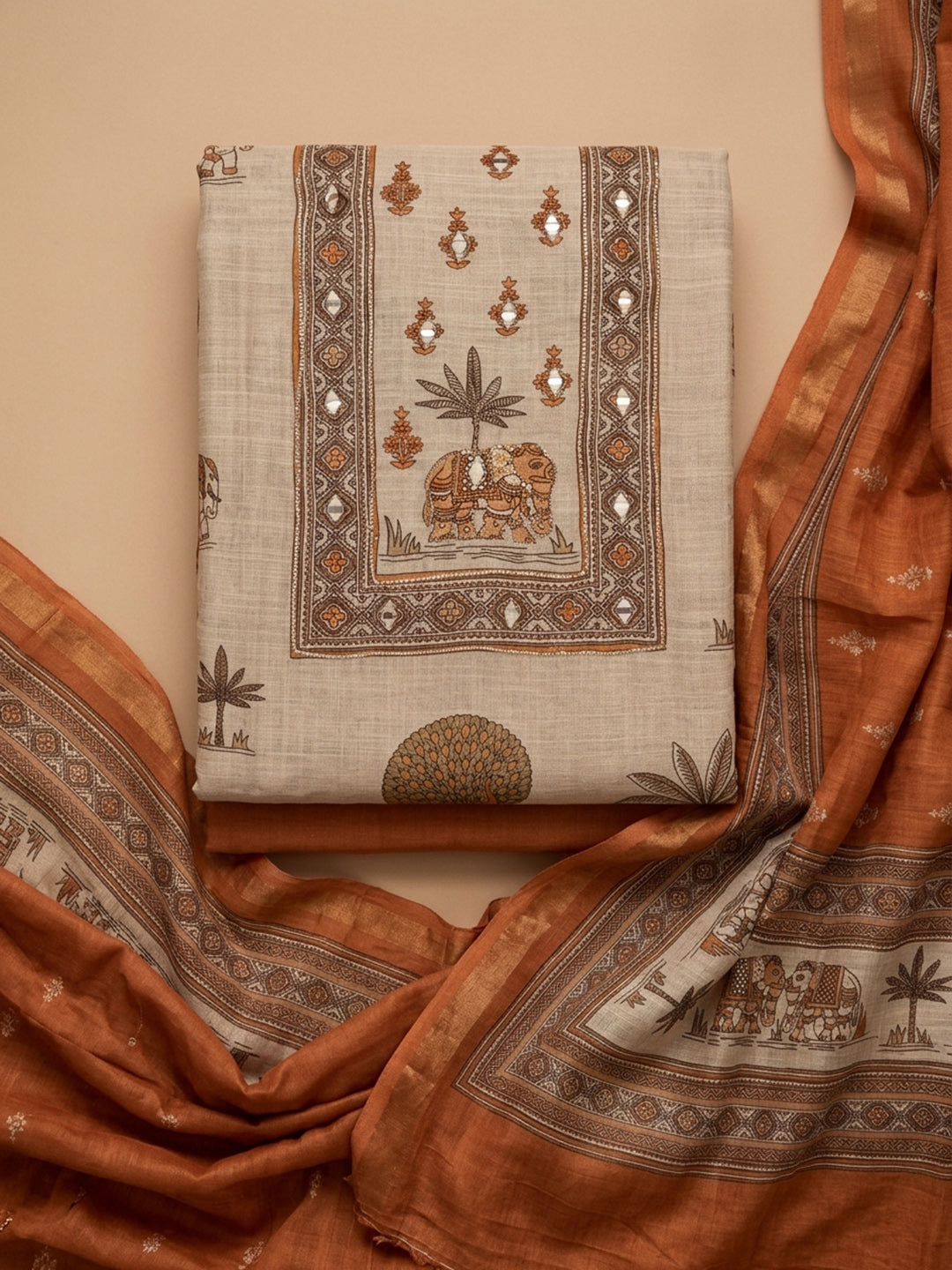 Rust Printed Linen Unstitched Dress Material