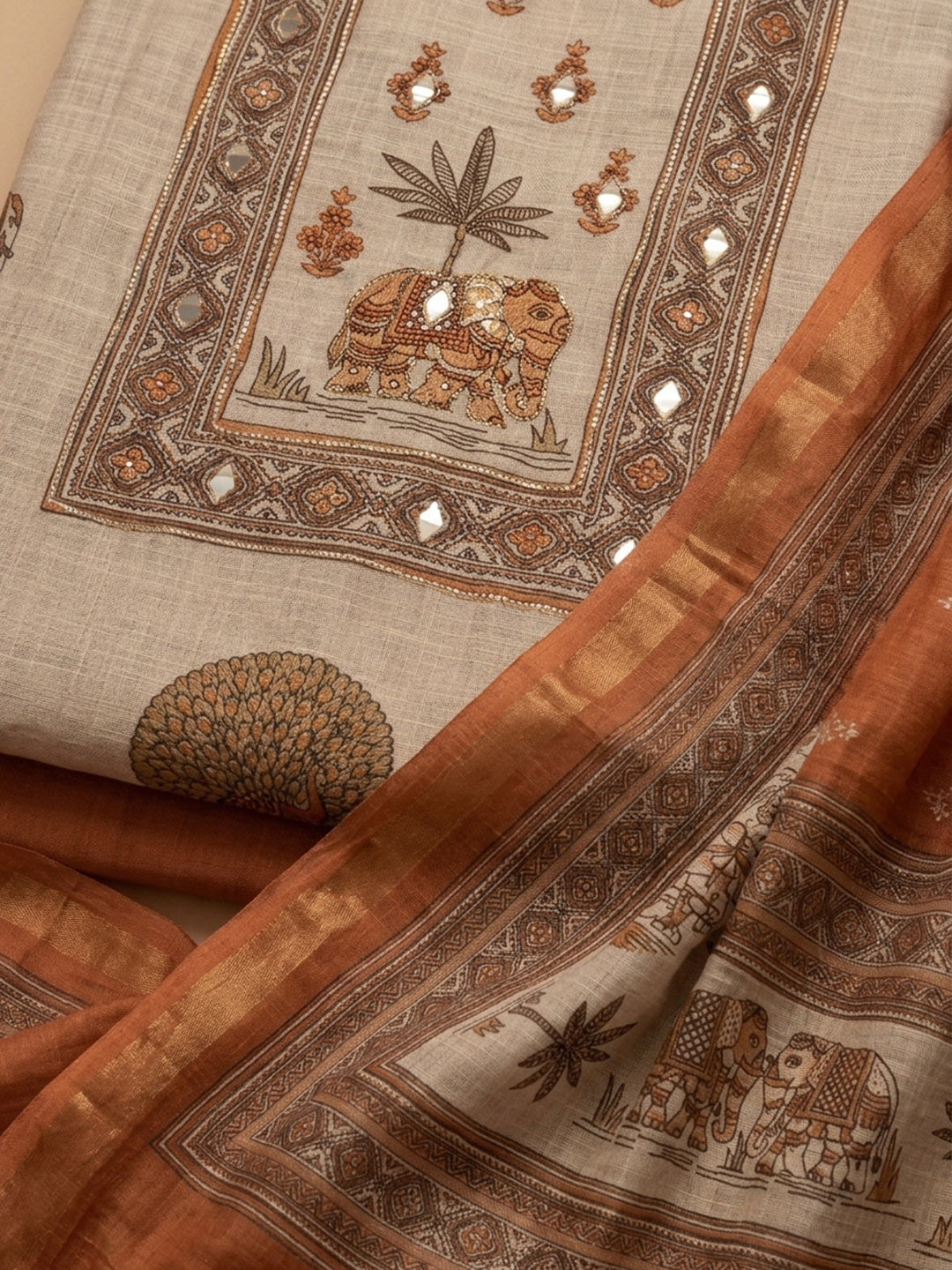 Rust Printed Linen Unstitched Dress Material