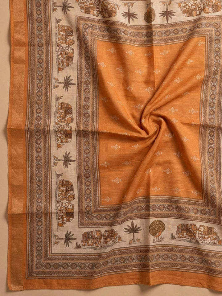 Rust Printed Linen Unstitched Dress Material