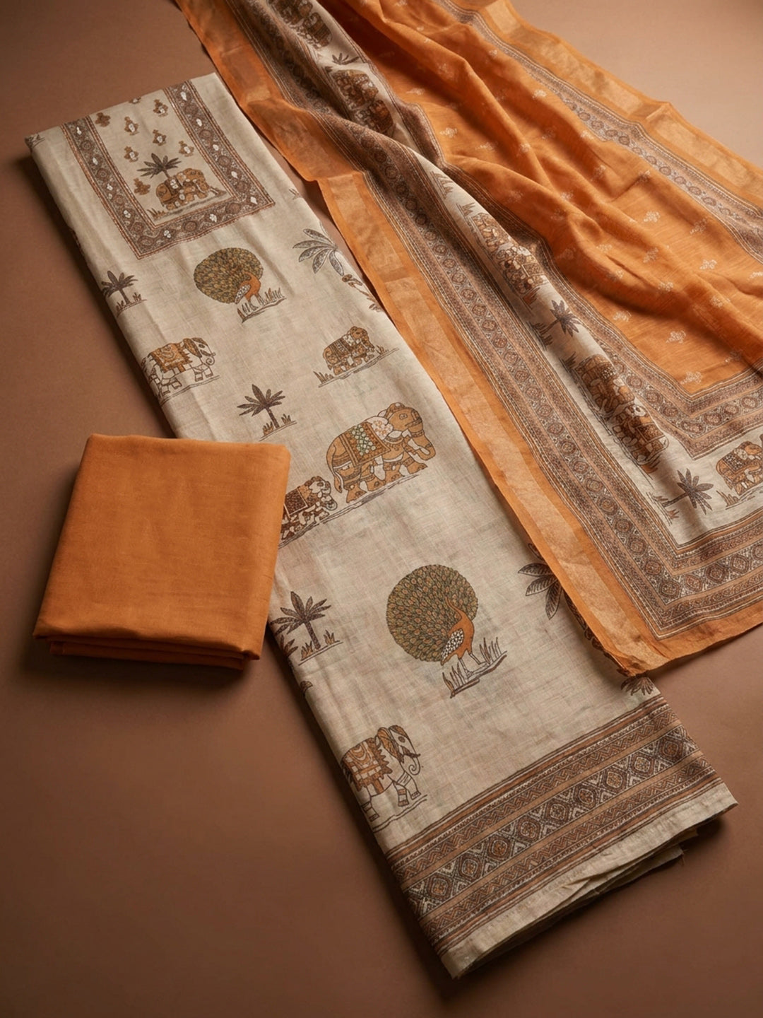 Rust Printed Linen Unstitched Dress Material