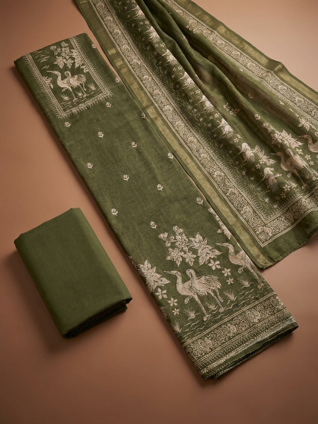 Green  Chanderi Unstitched Dress Material