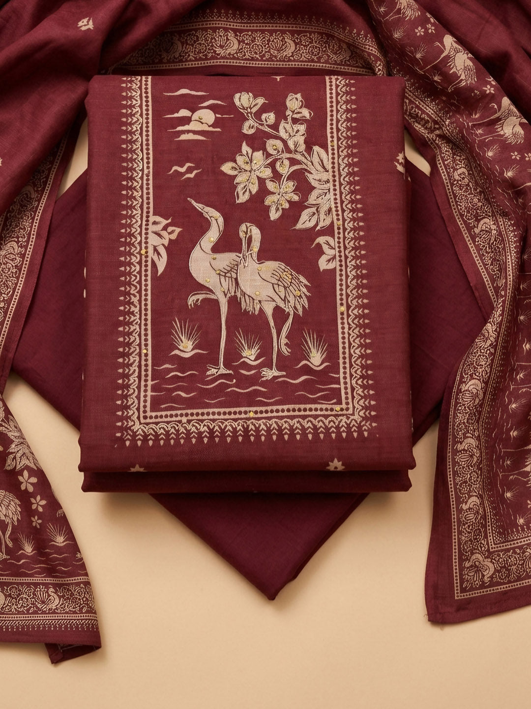 Maroon  Chanderi Unstitched Dress Material