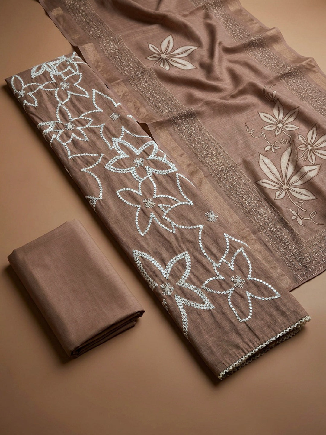 Brown  Chanderi Unstitched Dress Material