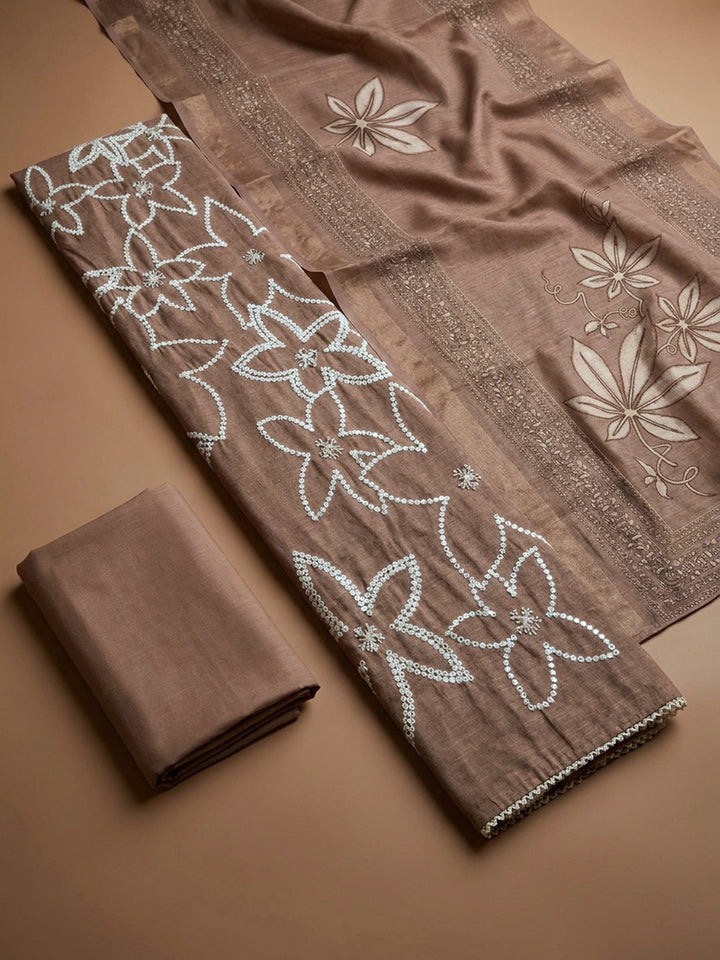 Brown  Chanderi Unstitched Dress Material