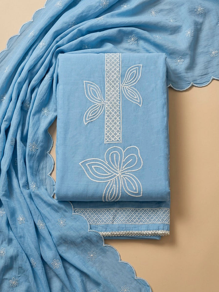 Blue Chanderi Embroidered Unstitched Dress Material