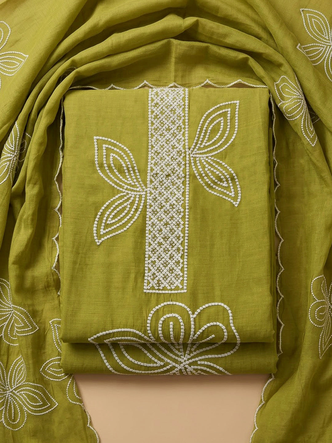Mehndi Chanderi Embroidered Unstitched Dress Material