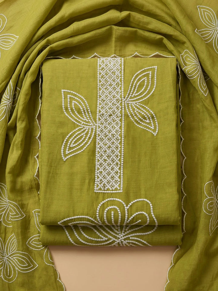 Mehndi Chanderi Embroidered Unstitched Dress Material