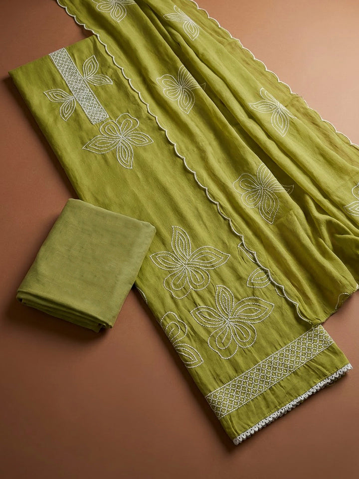 Mehndi Chanderi Embroidered Unstitched Dress Material