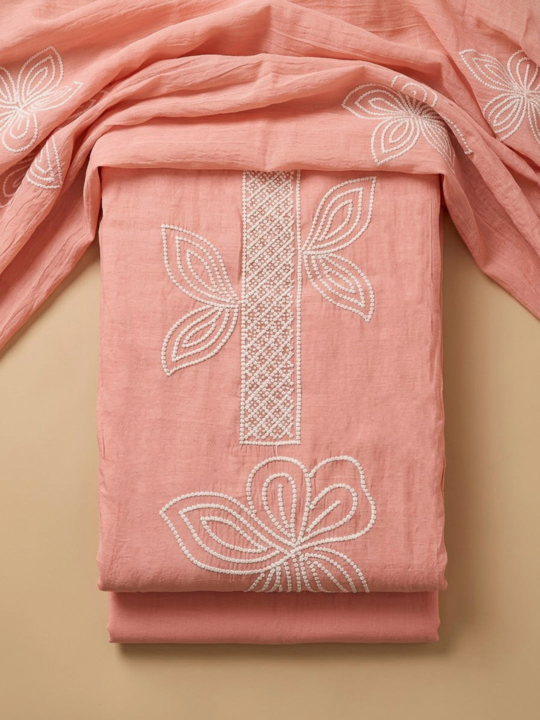 Peach Chanderi Embroidered Unstitched Dress Material