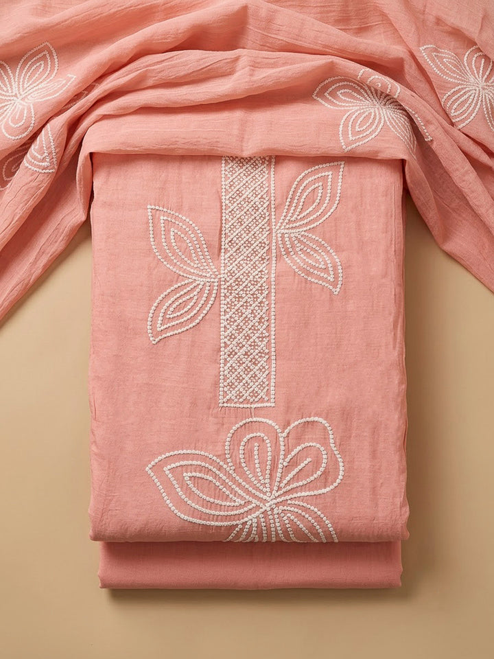 Peach Chanderi Embroidered Unstitched Dress Material