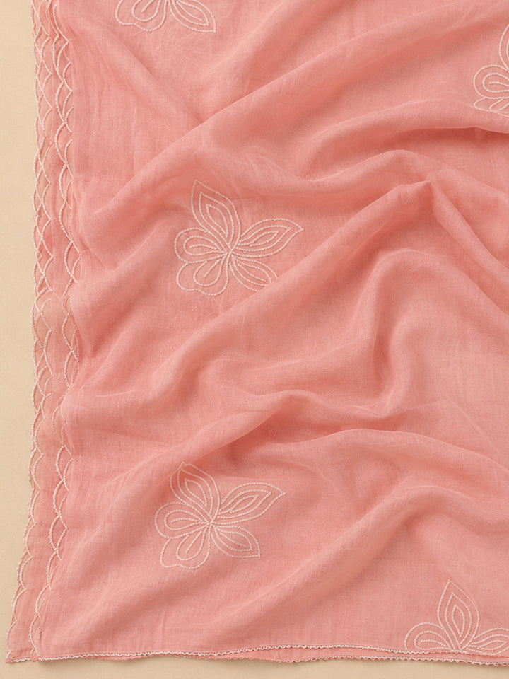 Peach Chanderi Embroidered Unstitched Dress Material