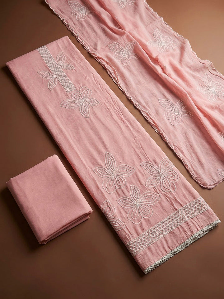 Peach Chanderi Embroidered Unstitched Dress Material